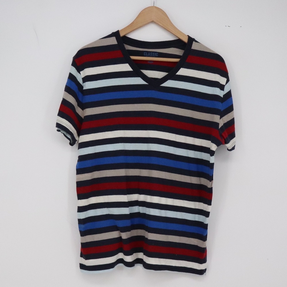 Old Navy T-Shirt Mens M Classic Fit Multicolor Striped V-Neck Short Sleeve